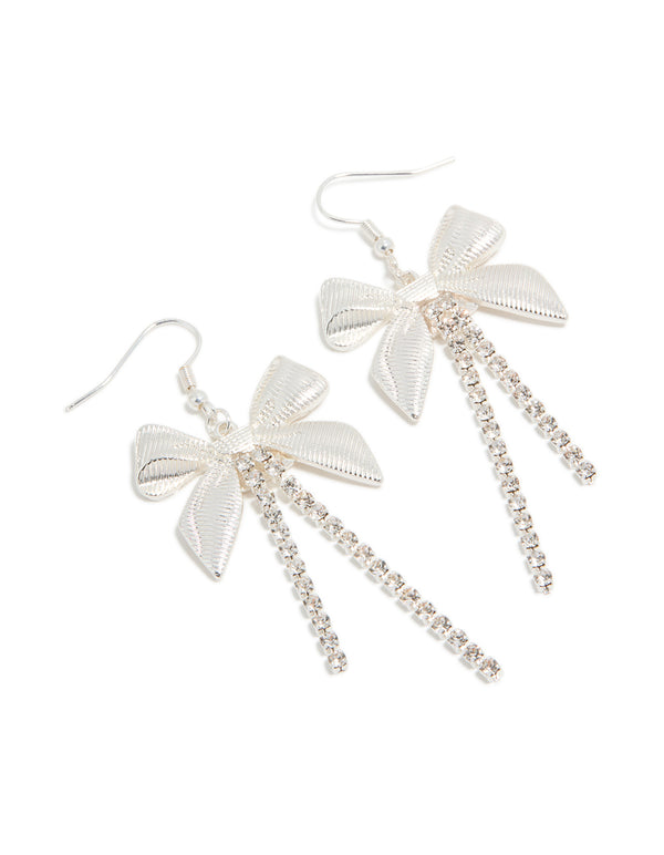 Elegant ribbed bow with cupchain drop earrings in silver front view