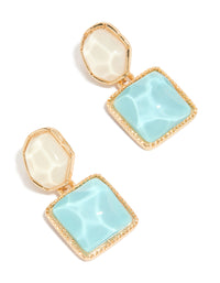 Showcasing gold organic pool effect drop earrings featuring round and square shape in pale turquoise and ivory front view - link has visual effect only