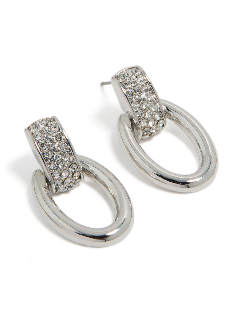 Stunning diamante oval barbell stud earrings in silver design front view