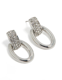 Stunning diamante oval barbell stud earrings in silver design front view - link has visual effect only