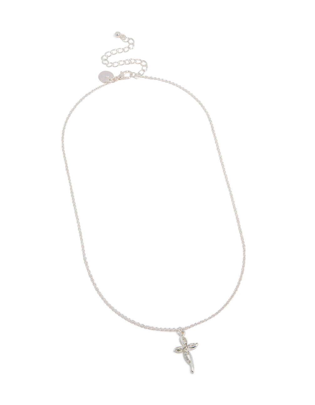 Elevate your look with a silver diamante twist cross pendant necklace featuring a statement design in front view