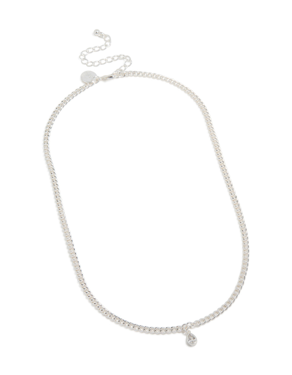 Crafted with silver pear diamante drop cuban link necklace featuring charm and statement design front view