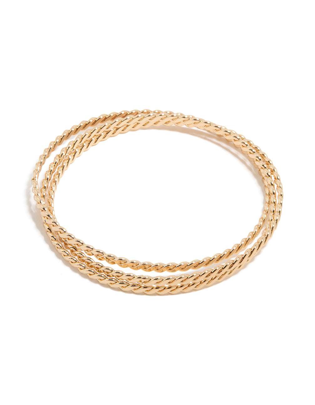 Showcasing a twisted Russian bangle in gold front view