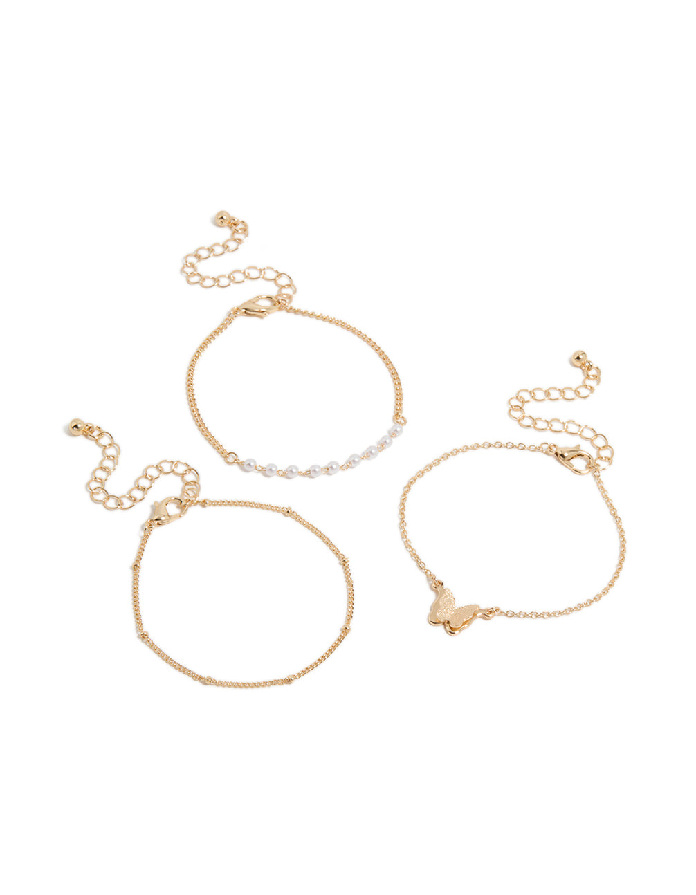 Featuring gold butterfly and pearl bracelets in a 3-pack front view