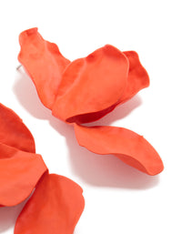 Presenting orange coated metal flower petal drop earrings with floral design in post detail view - link has visual effect only