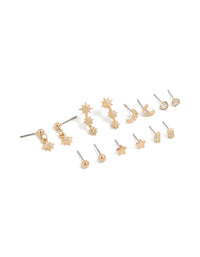 Discover this gold diamante earrings 7-pack featuring ball star and moon designs with glitter accents and stud closure front view - link has visual effect only