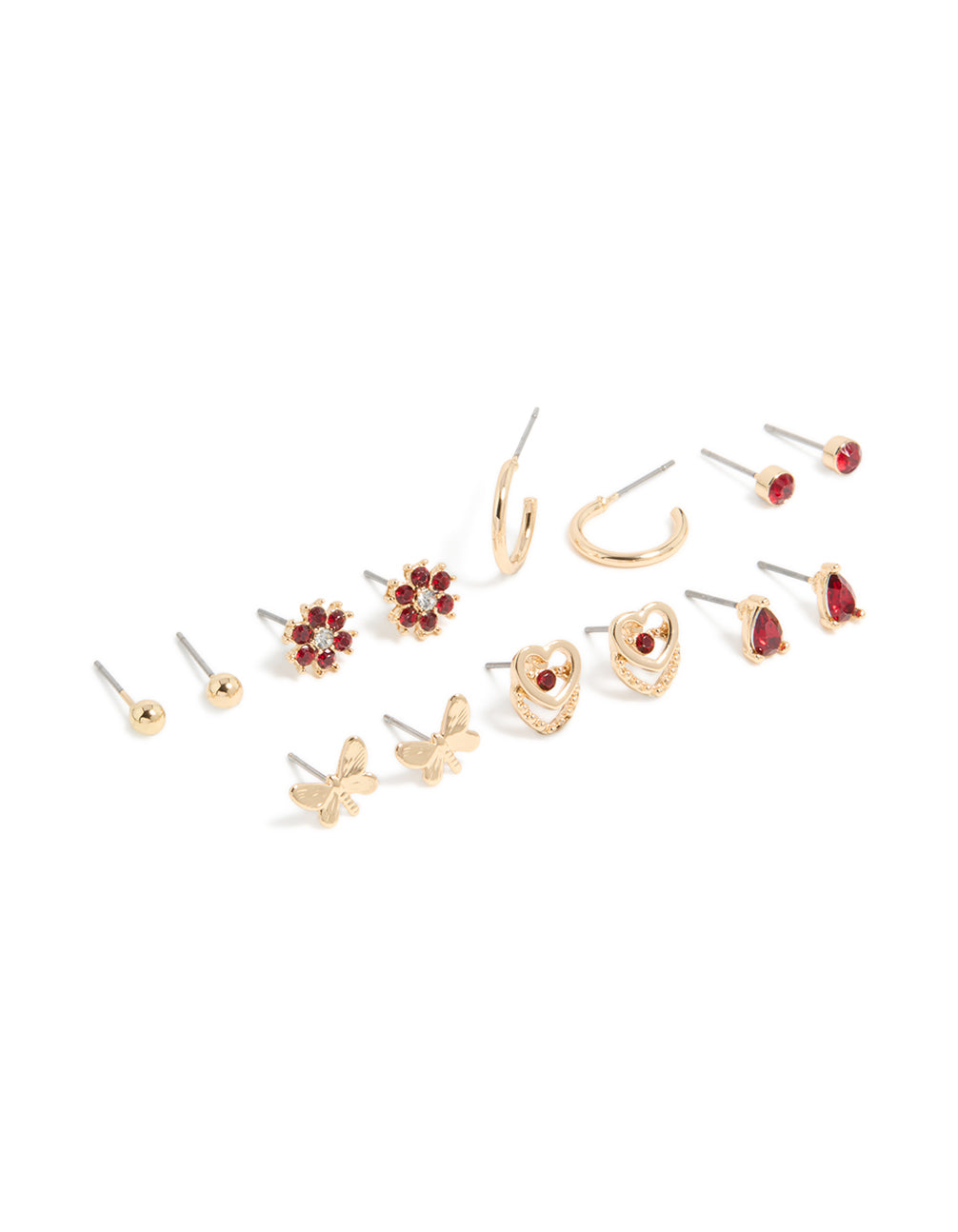 Discover stud earrings in a 7-pack featuring butterfly, floral, heart, and ball designs with red diamante accents and gold finish front view