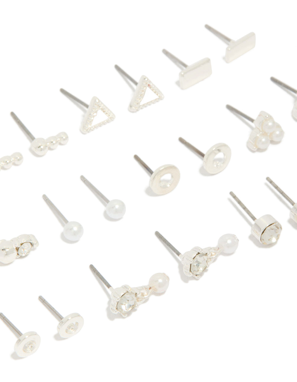 Explore this 12-pack of stud earrings with floral, triangle and pearl accents in silver and white close up view
