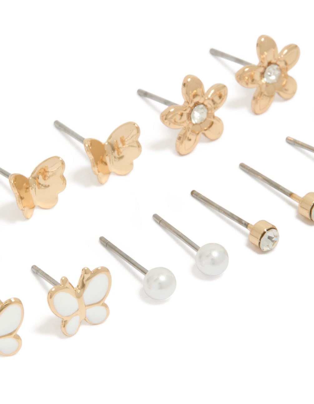 Featuring a 7-pack of gold stud earrings with butterfly, ball and floral designs pearl enamel close up view