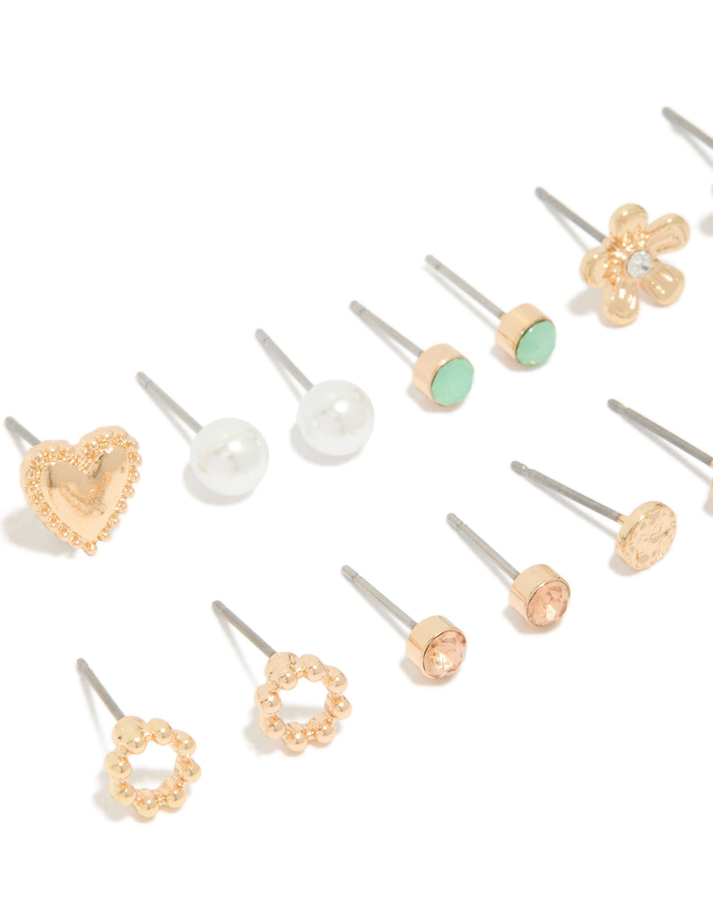 Elegant set of stud earrings in an 8-pack featuring heart, pearl, and floral designs with gold finish close up view