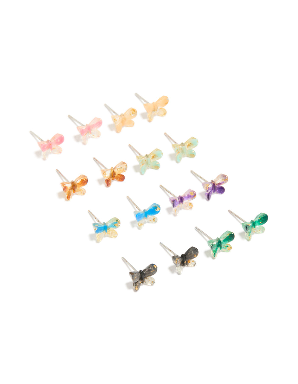 Discover statement stud earrings in a multicoloured acrylic 8-pack featuring butterfly with glitter accents front view