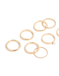 Featuring pearl accents and varied textures, this gold simple stackable statement ring 10-pack showcases intricate band designs close up view - link has visual effect only