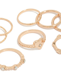 Presenting gold heart and diamante band rings 8-pack close up view - link has visual effect only