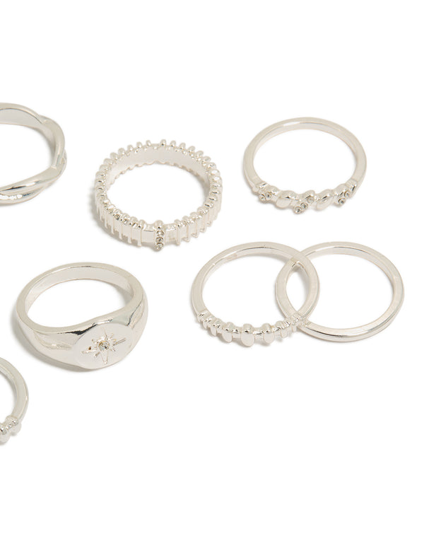 Featuring silver diamante signet rings 10-pack with celestial star side detail view