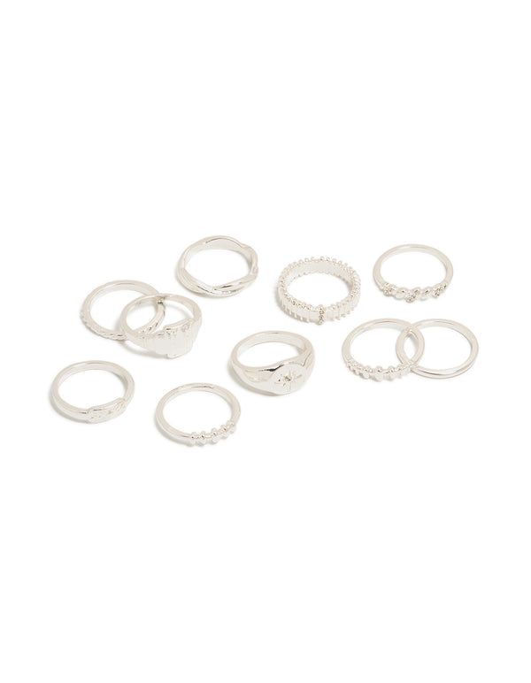 Discover silver diamante signet rings in a 10-pack featuring celestial star front view