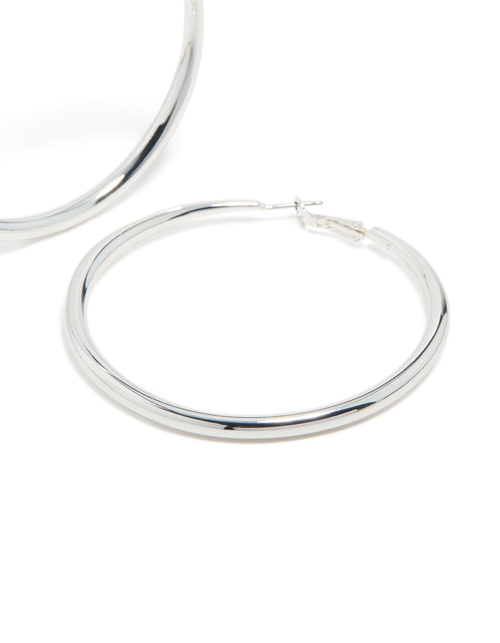 Presenting silver plated dome hoop earrings with closure post detail view
