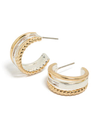 Discover mixed metal triple layered small hoop earrings crafted from gold plated and silver materials front view - link has visual effect only