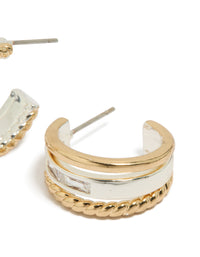 Stylish mixed metal triple layered small hoop earrings with gold plated and silver materials post detail view - link has visual effect only