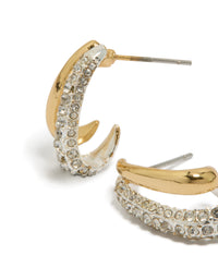 Explore these statement mixed metal double layered diamante earrings with gold and silver plated finish close up view - link has visual effect only