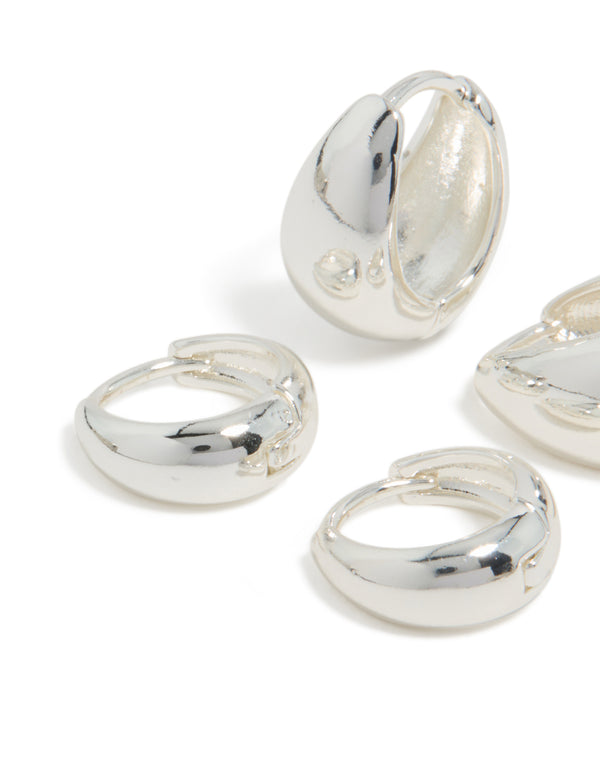 Silver plated bubble huggie earrings with huggie closure in 2-pack close up view