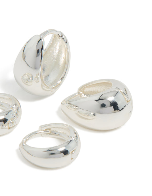 Showcasing silver plated bubble huggie earrings in 2-pack with hoop closure post detail view