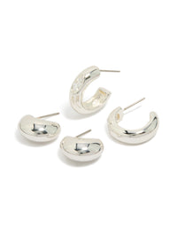 Featuring silver plated cubic zirconia bezel and chubby open hoop earrings in a 2-pack front view - link has visual effect only