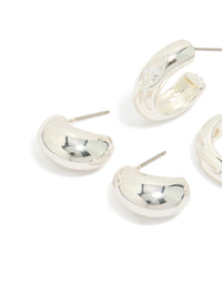 Showcasing silver plated cubic zirconia bezel and chubby open hoop earrings in a 2-pack close up view - link has visual effect only