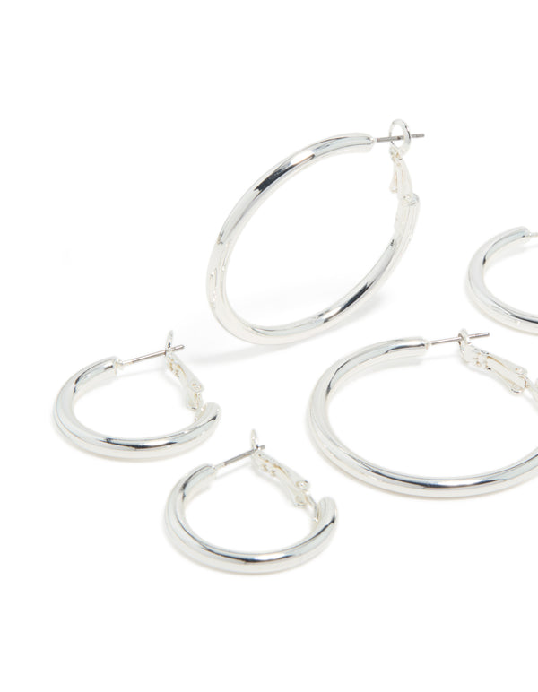 Crafted from silver plated thick hoop earrings in a statement and chunky 3-pack close up view