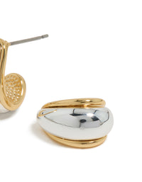 Showcasing mixed metal plated small teardrop drop earrings in silver and gold post detail view - link has visual effect only