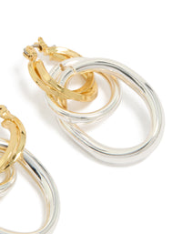 Showcasing statement hoop earrings with mixed metal plated double link illusion design in gold and silver post detail view - link has visual effect only