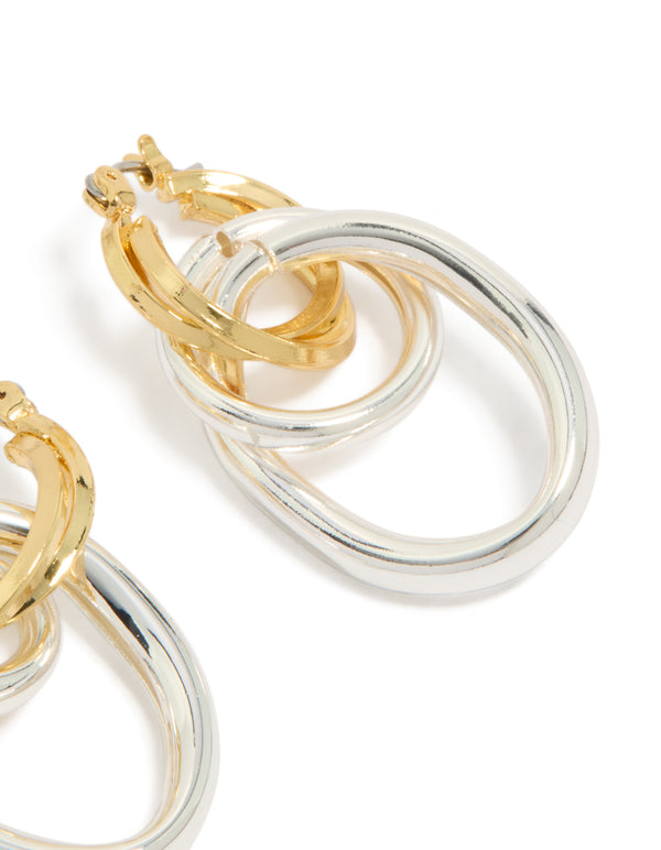 Showcasing statement hoop earrings with mixed metal plated double link illusion design in gold and silver post detail view