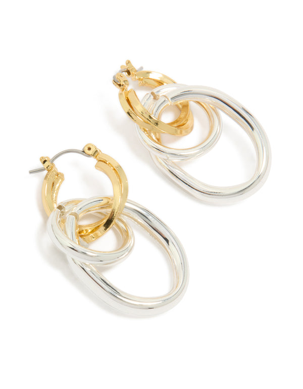 Discover statement hoop earrings with mixed metal plated double link illusion design in gold and silver front view