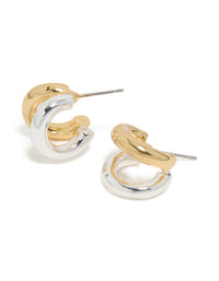 Crafted from mixed metal plated double hoop earrings featuring gold and silver with hoop closure front view - link has visual effect only
