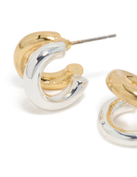 Detailed view of mixed metal plated double hoop earrings in gold and silver with hoop closure close up view - link has visual effect only