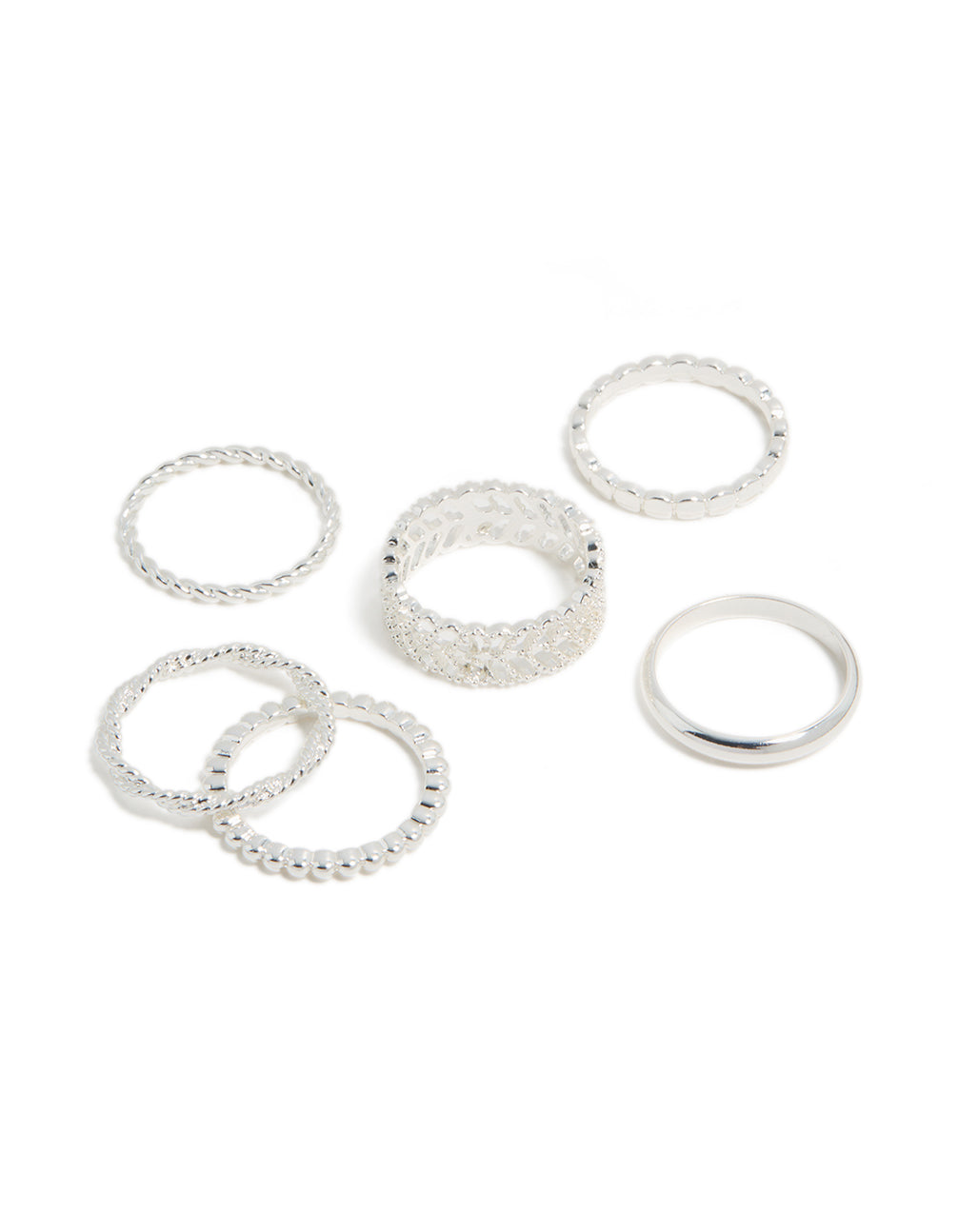 Showcasing a silver plated mixed texture rings 6 pack front view