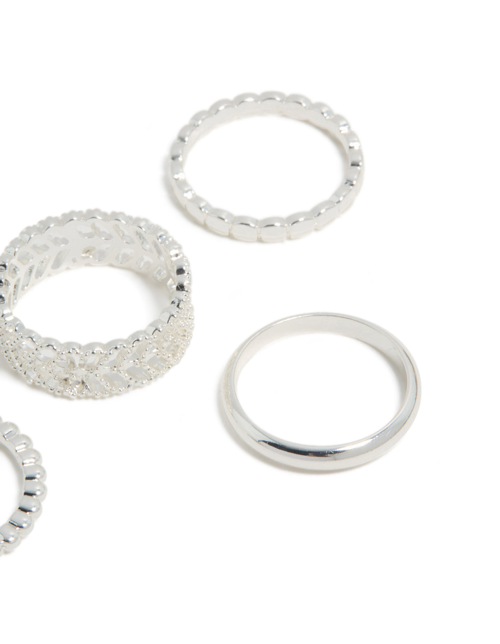Featuring silver plated mixed texture rings 6 pack close up view