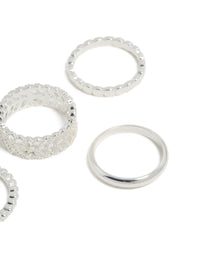 Featuring silver plated mixed texture rings 6 pack close up view - link has visual effect only