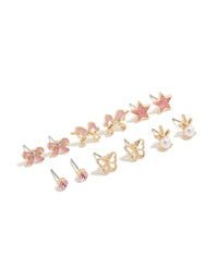 Discover kids gold pearl and unicorn stud earrings 6-pack featuring bow, butterfly, celestial and star with glitter in pink and white front view - link has visual effect only