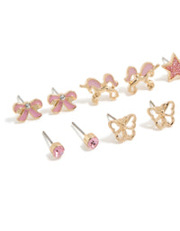 Charming kids gold pearl and unicorn stud earrings 6-pack with bow, butterfly, celestial and star featuring glitter in pink and white close up view - link has visual effect only