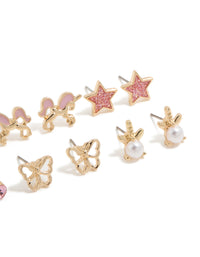 Charming kids gold pearl and unicorn stud earrings 6-pack with bow, butterfly, celestial and star featuring glitter in pink and white close up view - link has visual effect only