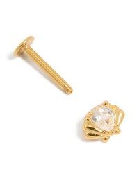 Displaying single ocean shell design with cubic zirconia set in surgical steel and flat back stud closure in gold finish post detail view - link has visual effect only