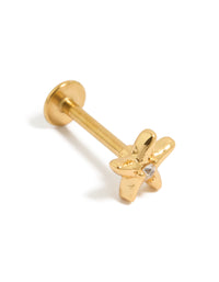 Showcasing a gold plated surgical steel cubic zirconia starfish single flat back stud with ocean-inspired design and crystal features front view - link has visual effect only