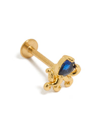 Discover this ocean-inspired octopus stud earring featuring gold plated surgical steel with royal blue cubic zirconia and flat back closure front view - link has visual effect only