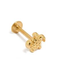 Crafted from surgical steel, this gold plated turtle stud earring with ocean-inspired design and flat back closure front view - link has visual effect only