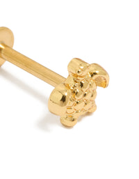 Featuring an animal motif ocean theme, this gold plated surgical steel turtle stud earring with flat back closure close up view - link has visual effect only