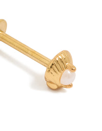 Showcasing gold plated surgical steel pearl shell single flat back stud with ocean-inspired design and seashell color close up view - link has visual effect only