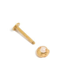 Designed with gold plated surgical steel pearl shell single flat back stud featuring ocean-inspired design and seashell color accents post detail view - link has visual effect only