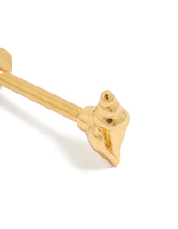 Detailed view of a gold plated surgical steel miter shell single flat back stud featuring ocean inspired design close up view - link has visual effect only