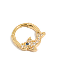 Showcasing a statement shark clicker ring crafted from surgical steel with cubic zirconia stones in gold plated finish featuring ocean design front view - link has visual effect only