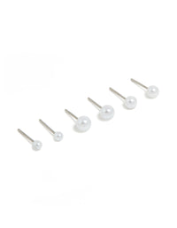 Featuring surgical steel graduating pearl stud earrings in white and silver with 3-pack front view - link has visual effect only